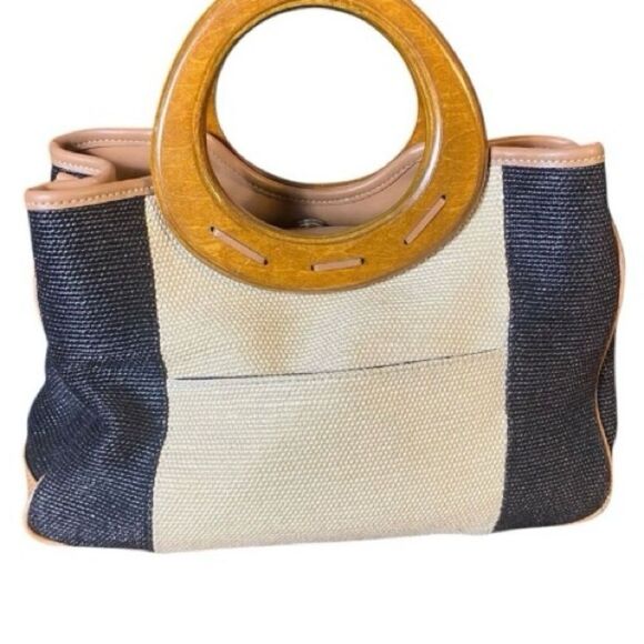 Relic Black Tan Leather Canvas Boho Chic Wooden Handle Snap Closure Purse - Picture 5 of 9